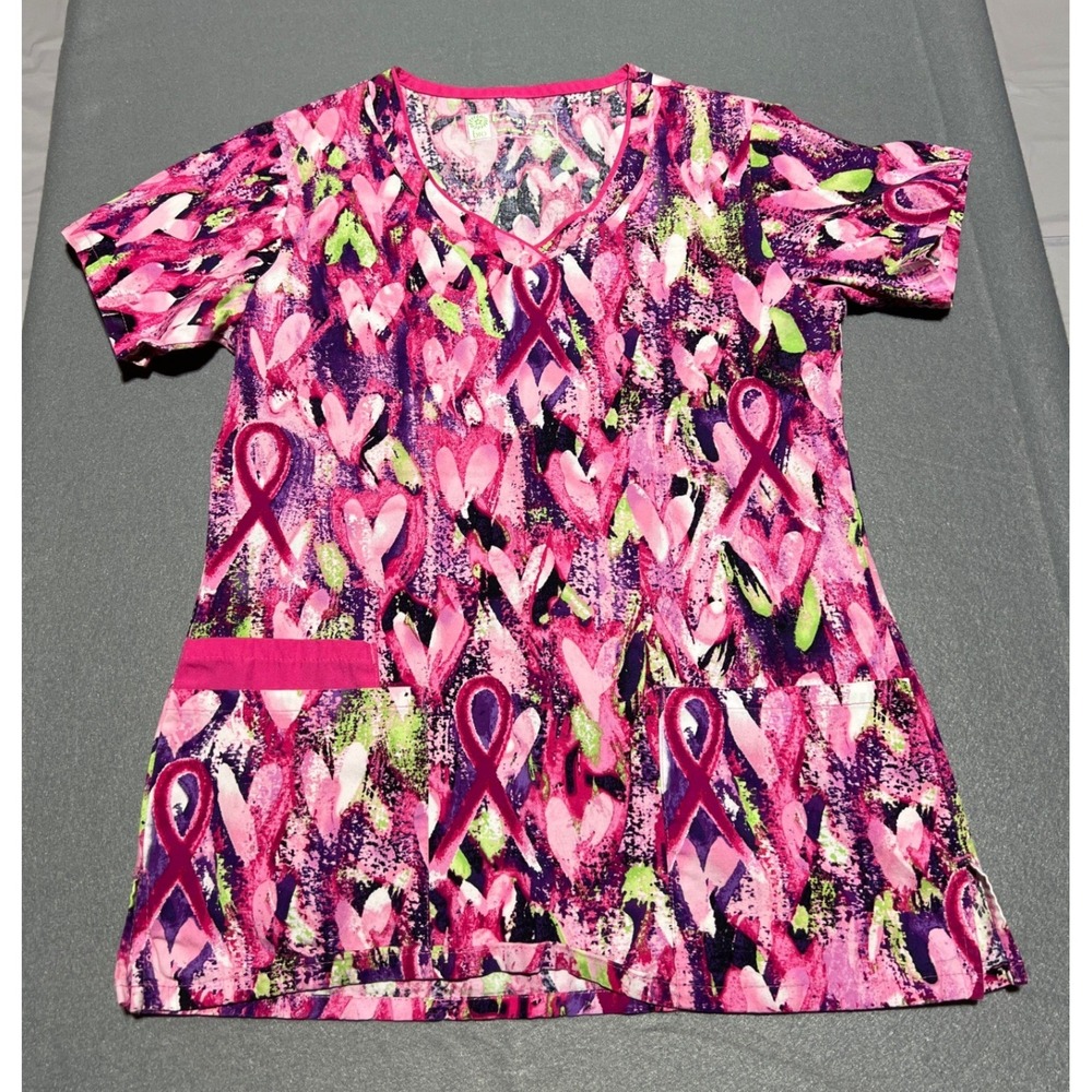BIO Bring It On Pink Purple Awareness Ribbon Heart Scrub Top XS 5219-3460